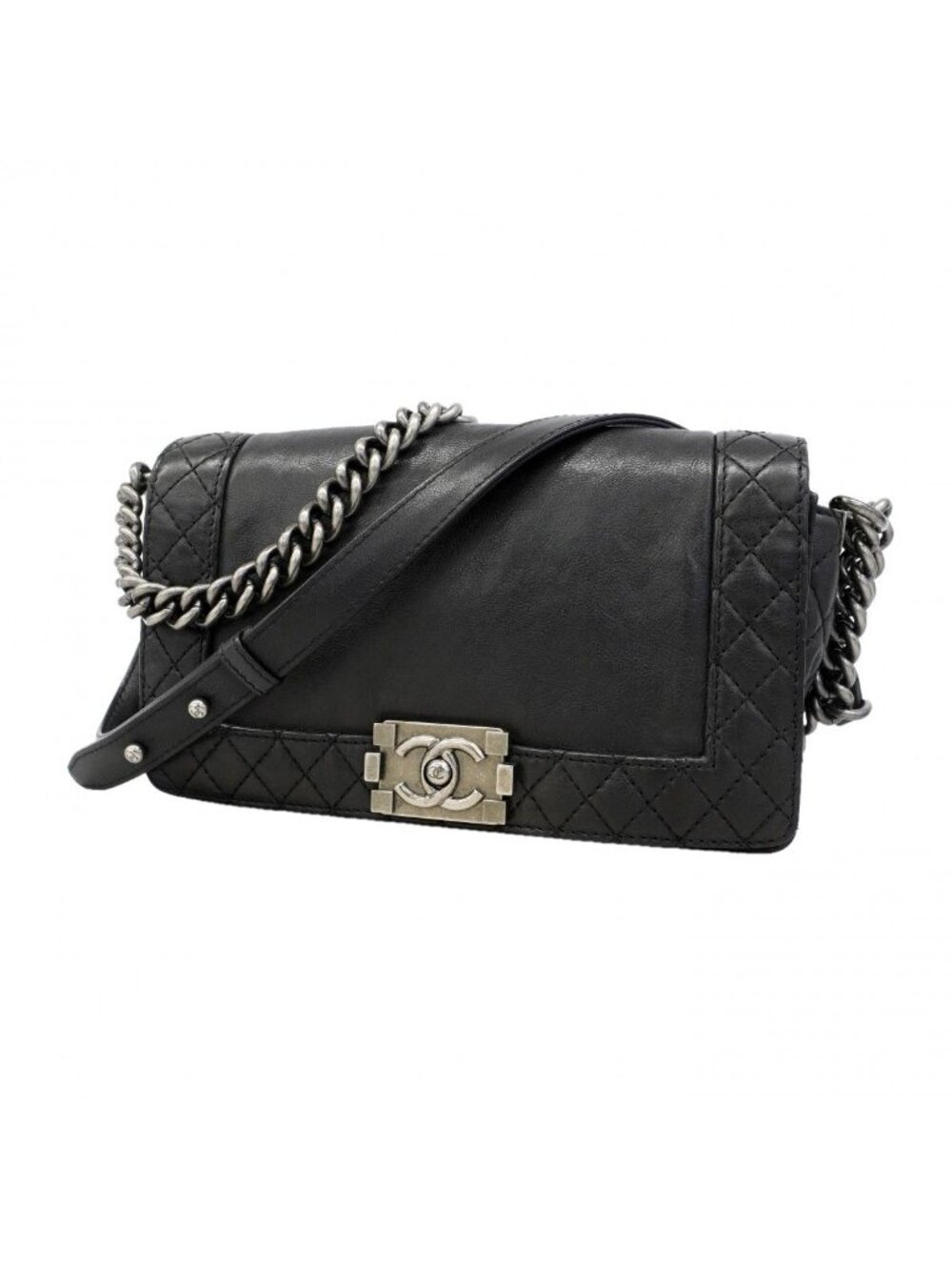 Chanel Shoulder Bag Boy Calf Black Silver